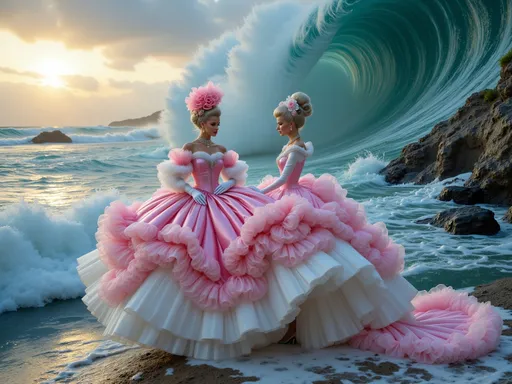 Prompt: A Rococo noble dame in lavish court dress with a tall hat and with a sport car Formula one pink   Ferrari  stands on a flimsy ocean raft during a violent sea storm with extremely tall hurricane waves. Long veils of organza twist and spiral upward, her dress flies and flutters in the wind violently. Next to her, the pink Ferrari shudders under the hurricane winds.

