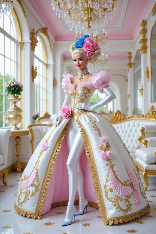 Prompt: In a lavishly decorated room adorned with opulent chandeliers and elegant gilded details, a striking figure commands attention. The subject, a glamorous woman, dazzles in a dramatic costume characterized by voluminous pink sleeves and a shimmering, golden gown that flows down majestically around her legs. Her hair is intricately styled into elaborate curls, accented by vibrant blue and pink flowers, adding a touch of whimsy to her regal appearance. White satin gloves and elegant blue heels complete her ensemble, as she stands confidently against a backdrop of plush white furniture and pink walls, projecting an aura of luxury and sophisticated charm. The warm lighting enhances the scene, setting a lively yet graceful mood, reminiscent of a fairy tale or high-fashion spectacle.
