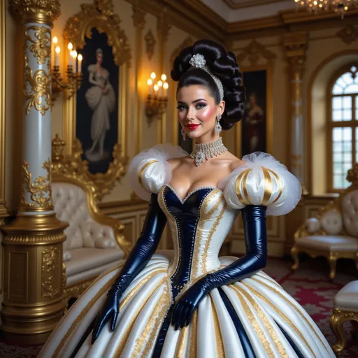Prompt: <mymodel>  smiling extremely beautiful Barbie pinup actress young important ecclesiastic schoolgirl in reflective plastic pearls, with dark eyes and full lips, gigantic white wig, in a vast estate carriage shape of Faberge egg . She wears a shiny striped golden indigo  white PVC metallic baroque embroidery striped floral gown with long sleeves and gold gloves. Massive necklace with gems and crystals. Multiple flowers in the hair. White hair and complicated colossal white baroque wig with ribbon bows, brooches, pearls. White floor.    gown made of uneven striped pink patent leather, high pouf hairstyle, flounces, ruffles, frills, flowers, gig
