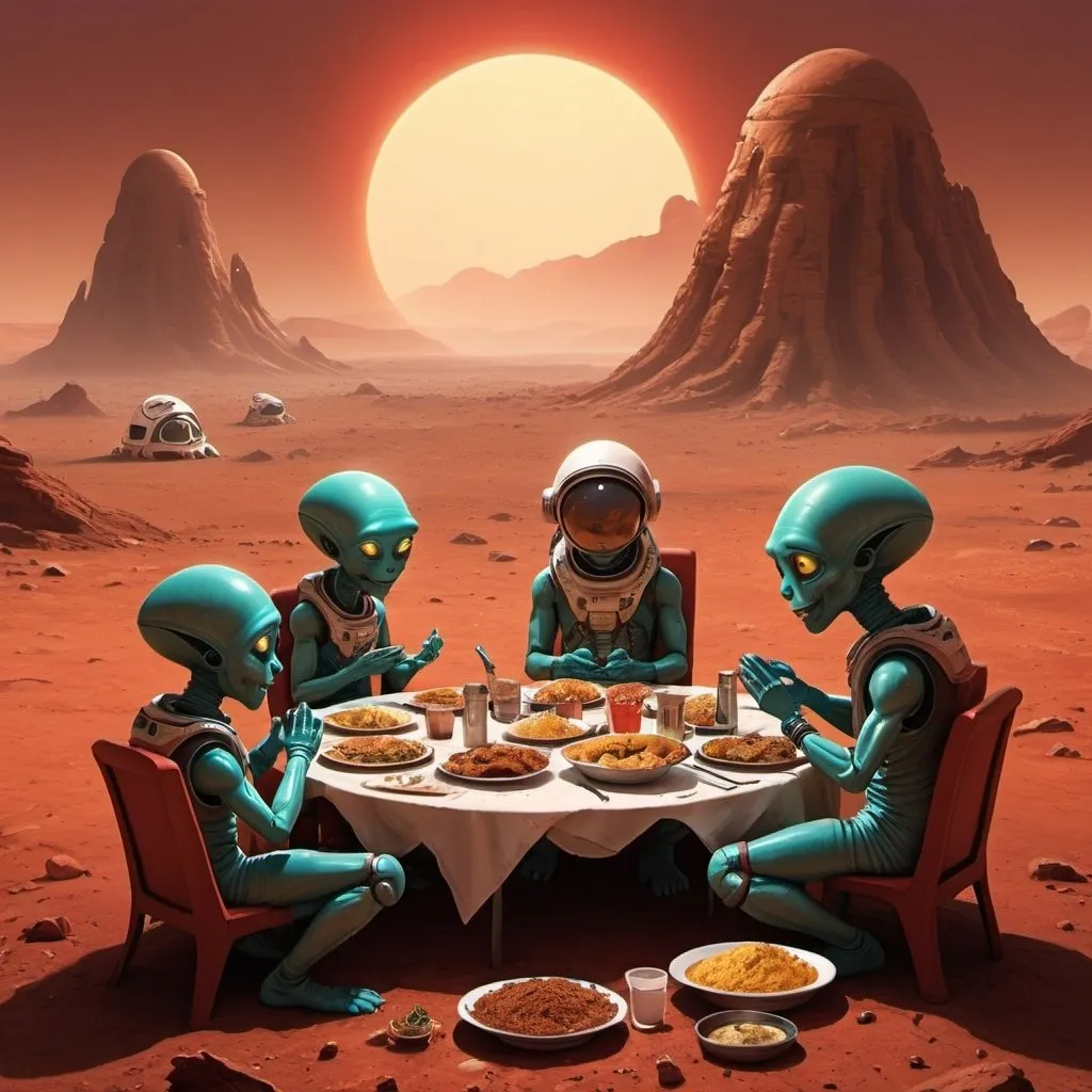 Prompt: On the red, rocky terrain of Mars, a group of friendly aliens are breaking their fast. They are gathered around a makeshift dining area set with traditional Desi Pakistani food. The table is adorned with colorful dishes such as biryani, samosas, kebabs, naan, and a variety of chutneys. The aliens, with their diverse shapes and sizes, are enthusiastically enjoying the meal, their expressions showing delight and curiosity. In the background, some aliens are performing their prayers on prayer mats, facing towards a small makeshift shrine with a view of the Martian landscape. The sky is a mix of Martian red dust and the soft glow of the setting sun, creating a surreal yet warm atmosphere.
