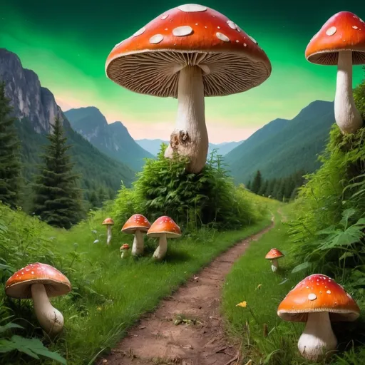 Prompt: magic mushroom trip with green mountains