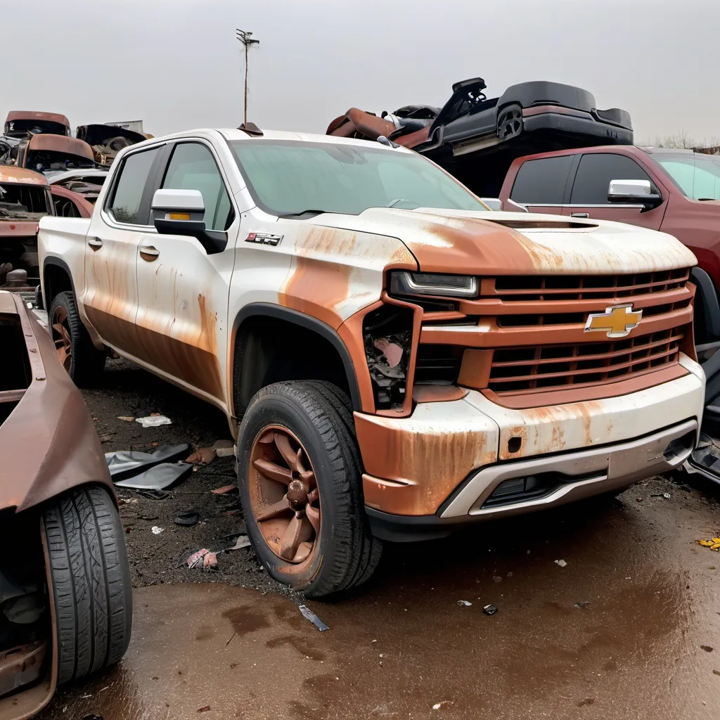 Prompt: A rusty old 2023 Chevrolet Silverado EV in a junkyard