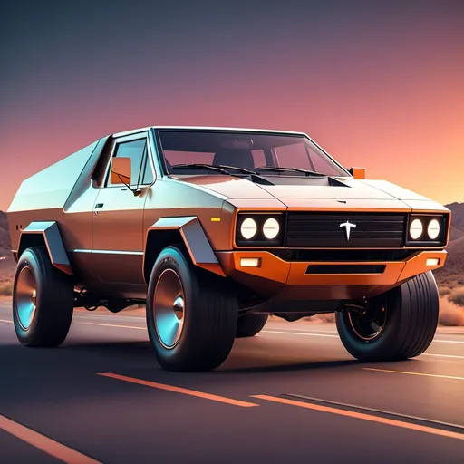 Prompt: Tesla cybertruck as a 1970s muscle car