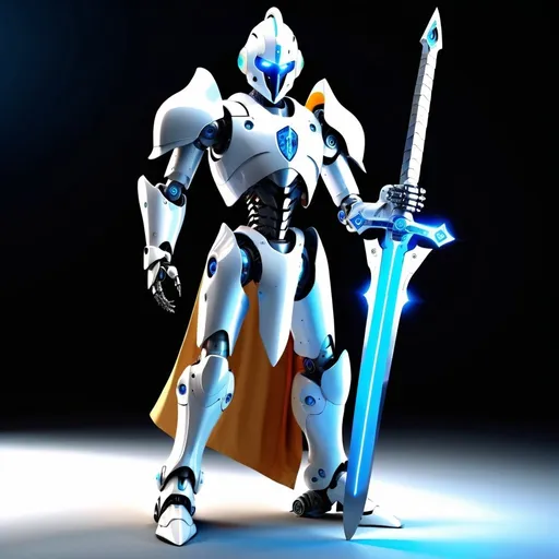 Prompt: A Future Robot Templaire Knight with a  future advance Sword and blue eyes, V-ray Rendering, Future Style