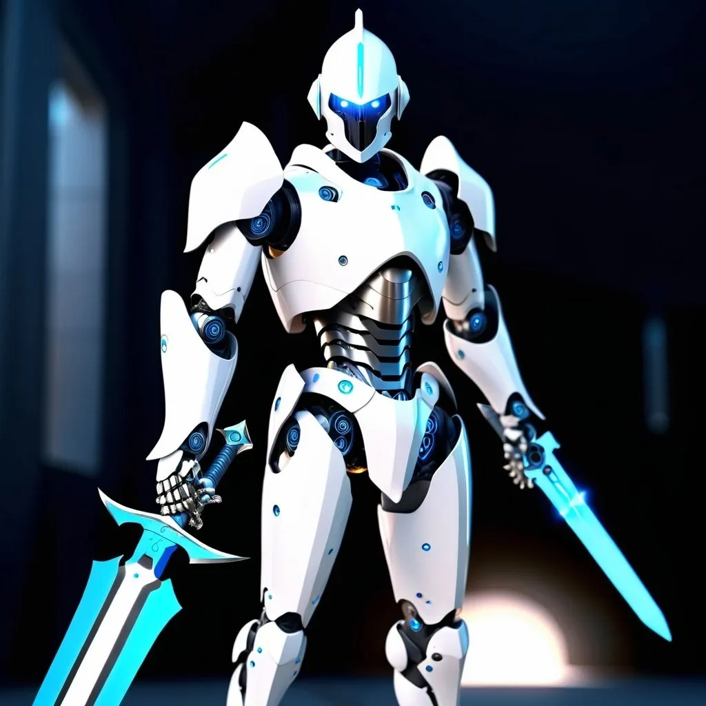Prompt: A Future Robot Templaire Knight with a  future advance Sword and blue eyes, V-ray Rendering, Future Style