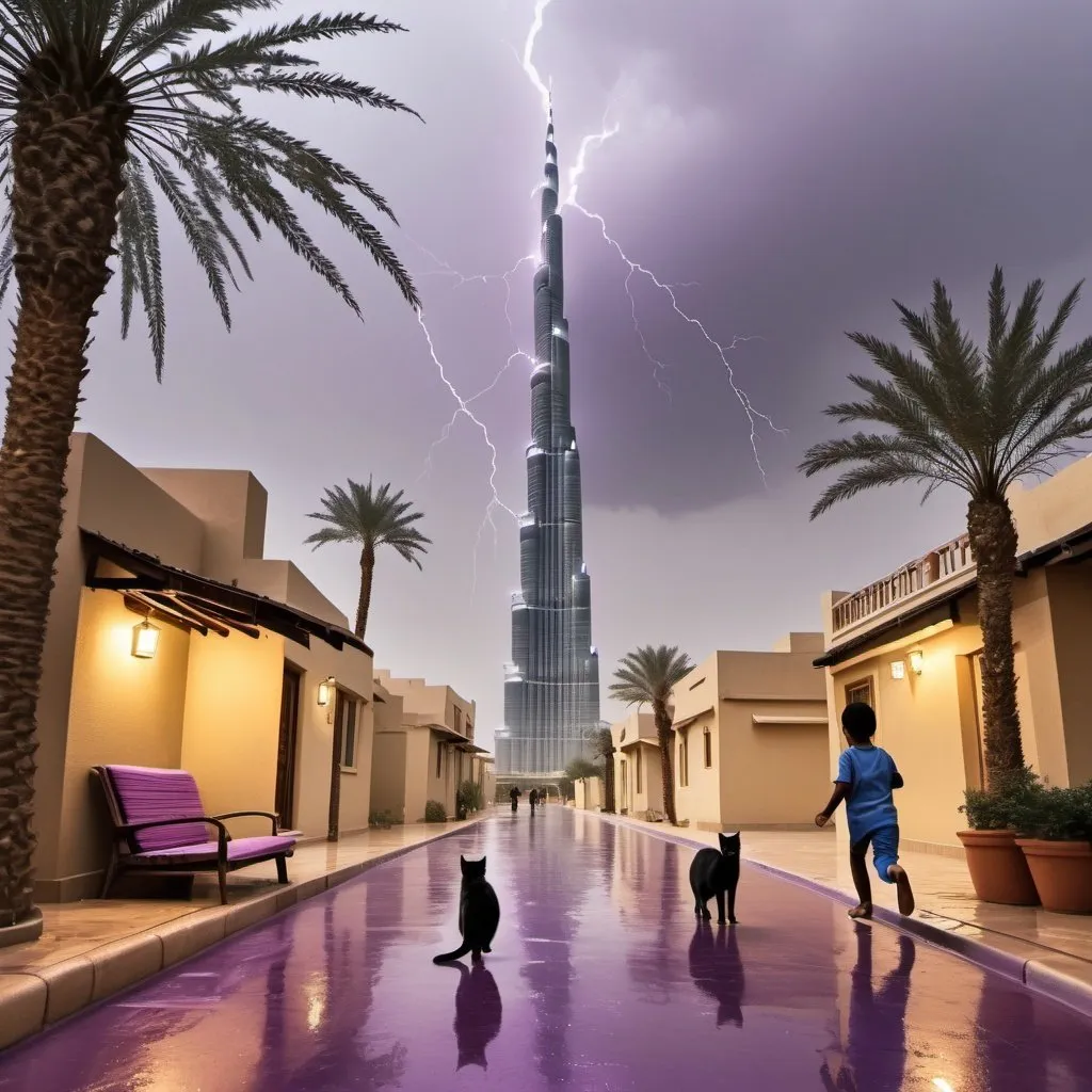 Prompt: A rainy day, with purple thunder striking Burj khalifa in the background. Infront a desert setting with date trees, people sitting under shade of their houses laughing and enjoying the weather. Kids running around playing tag. And a cat that looks like tom cat and a mouse that looks like jerry sitting under a chair where the people who are sitting under the shade of their houses are sitting. 