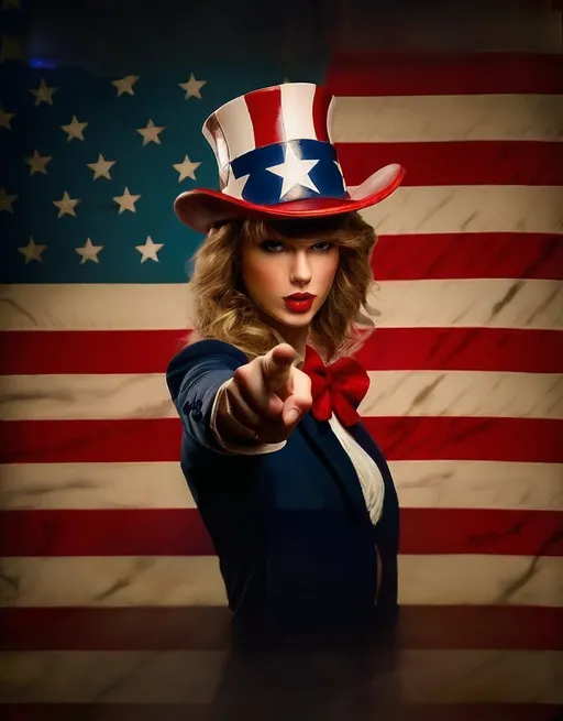 Prompt: (illustrate Taylor Swift), in stunning vintage red, white, and blue ringmaster gear, adorned in a magnificent top hat, exuding beauty and strength, confidently pointing at the viewer like the iconic 'I Want You' Uncle Sam poster, elegant facial features, dramatic expression, stylish vintage background, bold colors, rich details, dynamic composition, HD quality, poster-like aesthetics for an eye-catching appeal.