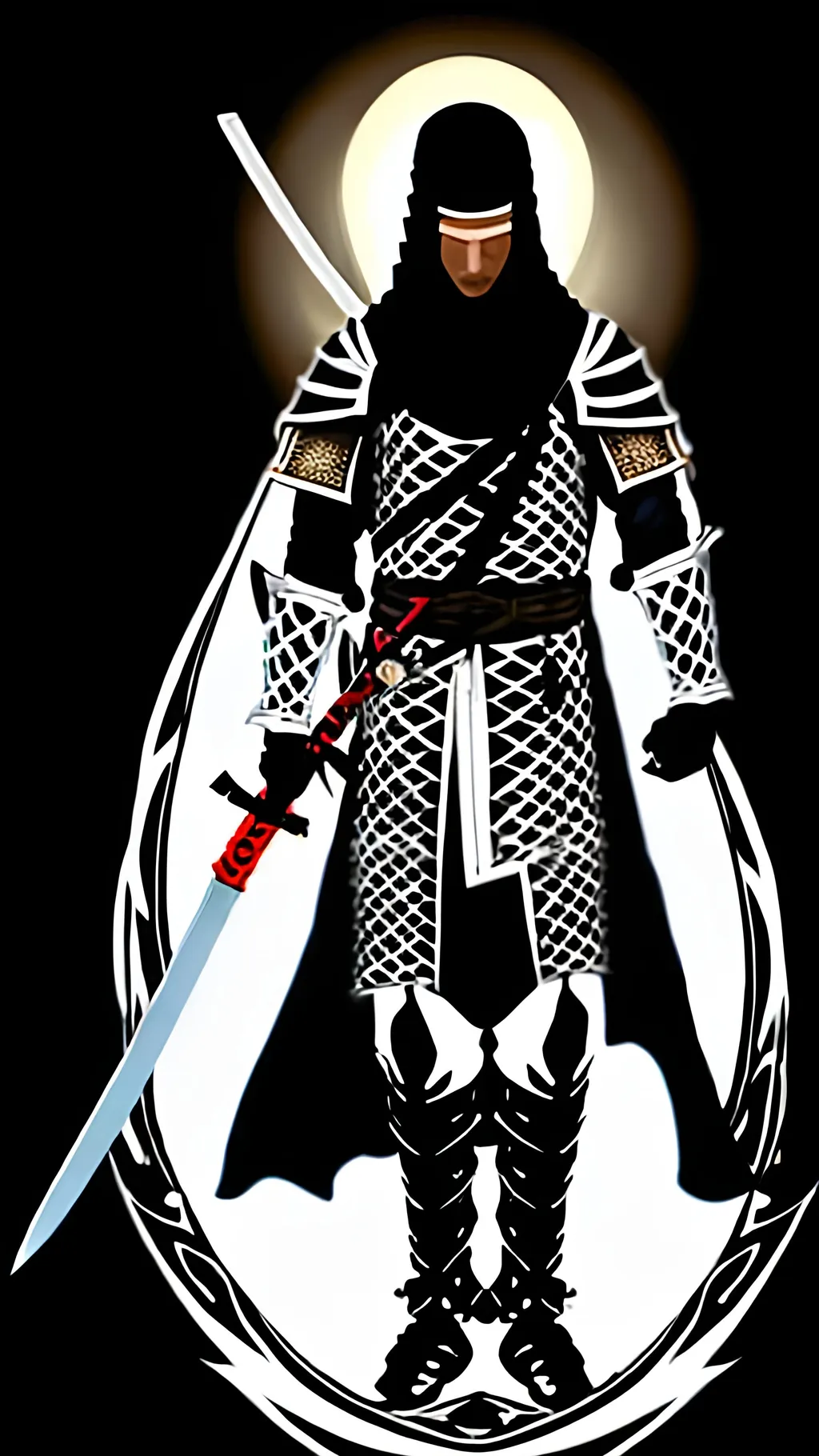 Prompt: Arabian man wearing white ninja , ride Black Arabians beautiful horse ,
He is light is shining , with his long two hand sword 8n his back , he is a nice unknown knight , wearing like ninja but he is not a ninja he is a knight , hokd in his hand black flag write on it "there is no GOD accepting one"

This knight is one is chosen 