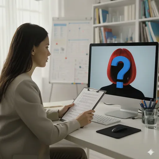 Prompt: A woman research assistant looking at a participant on a zoom call. The participant in the computer frame has a vibrant red bob wig, but their face is in silhouette. There is a royal blue question mark over the silhouetted face. The research assistant holds a checklist with red checks. In the background on the walls off the office are research posters with charts. This image should be photorealistic and there should be no words numbers or symbols.