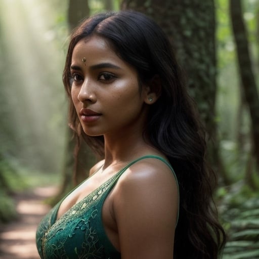 Prompt: Please produce a  picture of a beautiful young light skinned Bangladeshi female, village woman in beautiful green forest swamp blue sky sun peeking through,  stunning body shape 36 24 36, pretty eyes, heart shape lips, cute facial expressions, intricate design and details body parts, ultra-detailed, highest detail quality, ultra-realistic, photography lighting, full length body shot,  photorealistic, cinematic, movie quality rendering, octane rendering, focused, emotional, epic dramatic lighting, 32k UHD resolution --ar 9:16 --quality 2  --s 750 --v 5.1