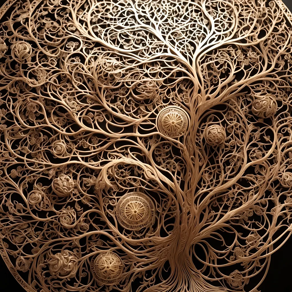 Prompt: Sculpture of a Cosmic tree of life, an ultrafine detailed painting, inspired by Vladimir Kush, trending on polycount, ecological art, intricate golden filigree, highly detailed symmetry, layered paper art, photorealistic 