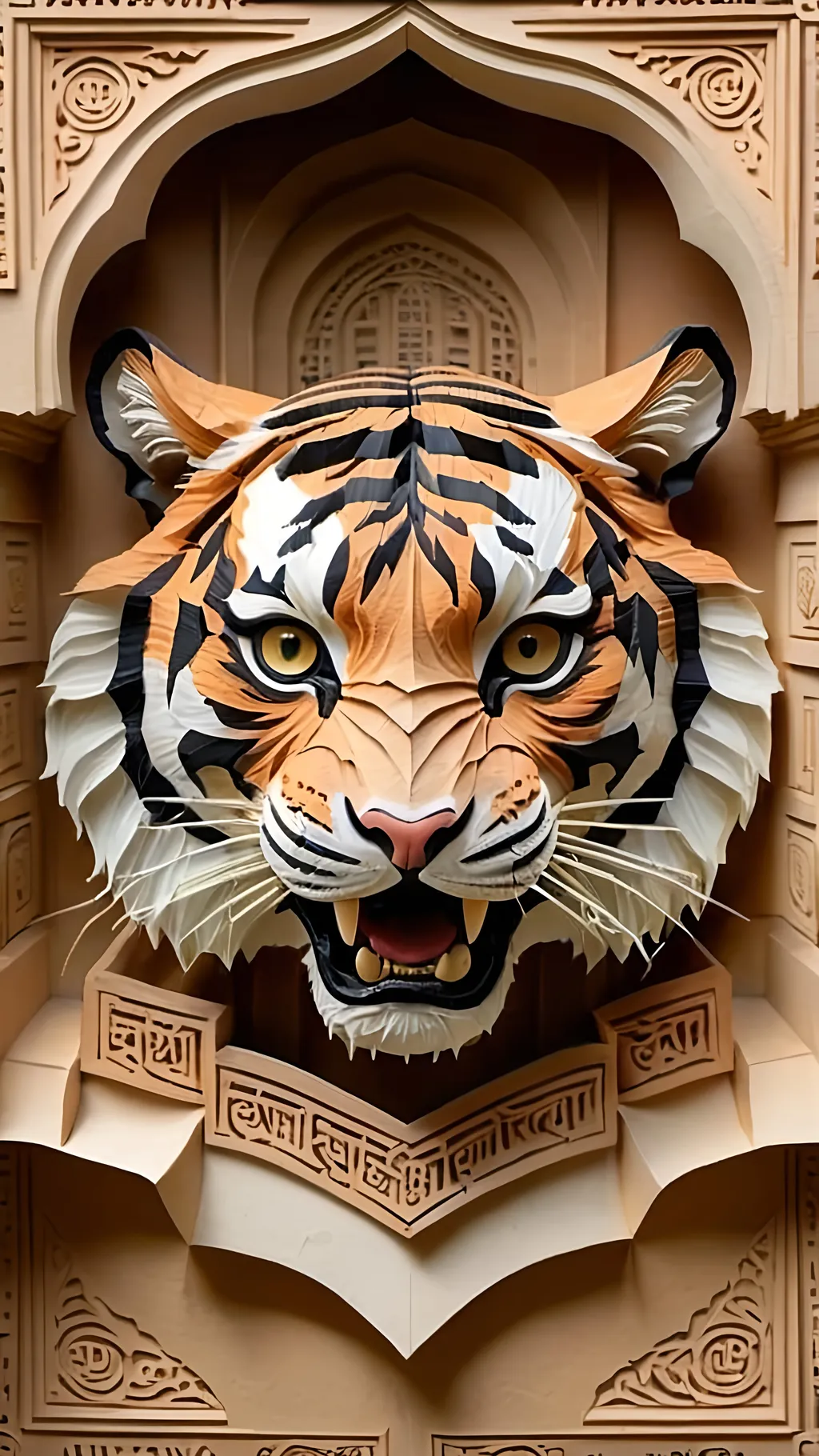 Prompt: Close up of ferocious royal Bengal tiger head, with background reading Bangla writing and architecture 