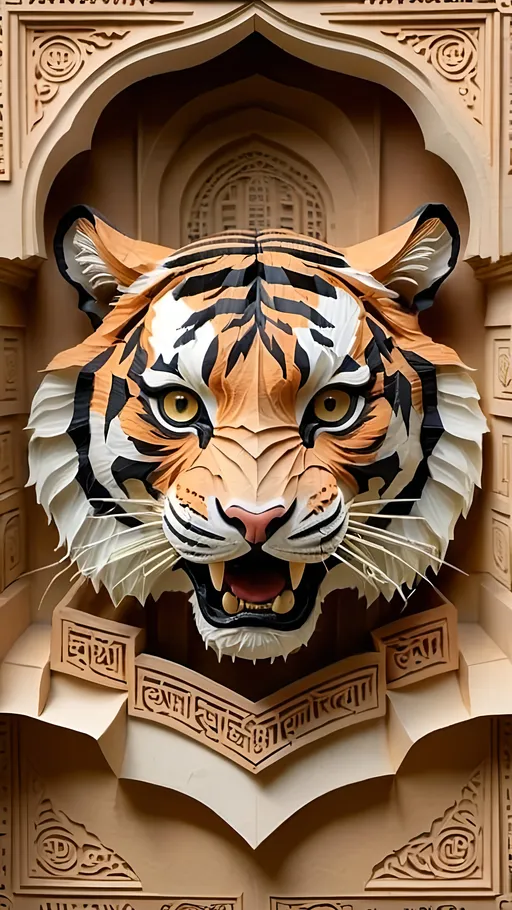 Prompt: Close up of ferocious royal Bengal tiger head, with background reading Bangla writing and architecture 
