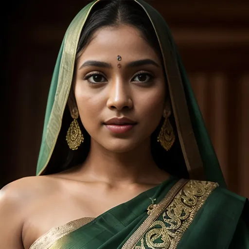 Prompt: Please produce a  picture of a young light skinned Bangladeshi female, village women,  draped in dark green saree, with gold embroidery intricate details, body shape 36 24 36, pretty eyes, heart shape lips, cute facial expressions, intricate design and details body parts, ultra-detailed, highest detail quality, ultra-realistic, photography lighting, full length body shot,  photorealistic, cinematic, movie quality rendering, octane rendering, focused, emotional, epic dramatic lighting, 32k UHD resolution --ar 9:16 --quality 2  --s 750 --v 5.1