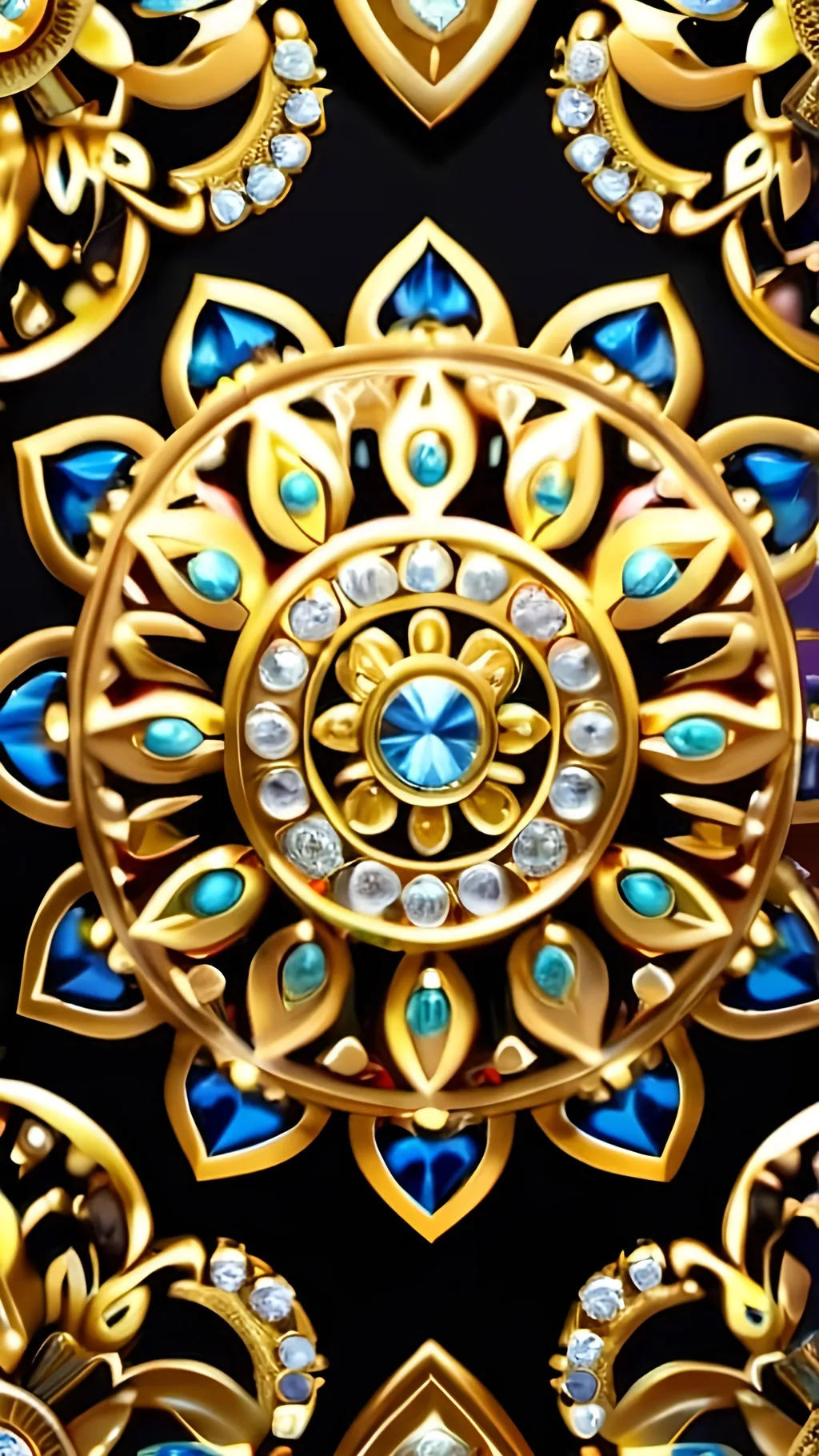 Prompt: Mandala of gold and diamonds, intricate geometric patterns, luxurious materials, high quality, detailed, intricate, opulent, radiant gold, sparkling diamonds, rich color tones, radiant lighting, detailed craftsmanship, luxurious, ornate design, regal elegance, UHD, photorealistic, 9:16 AR, 