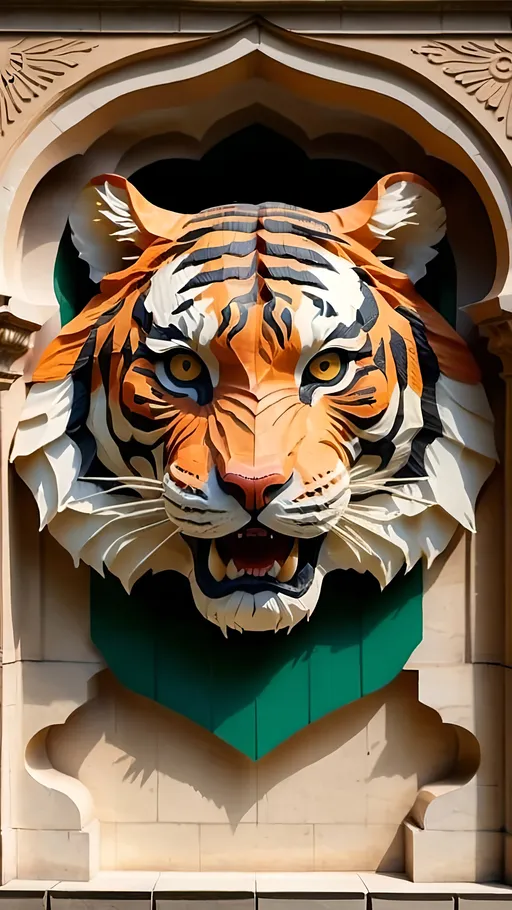 Prompt: Close up of ferocious royal Bengal tiger head, with background of Bangladesh flag colours and architecture 