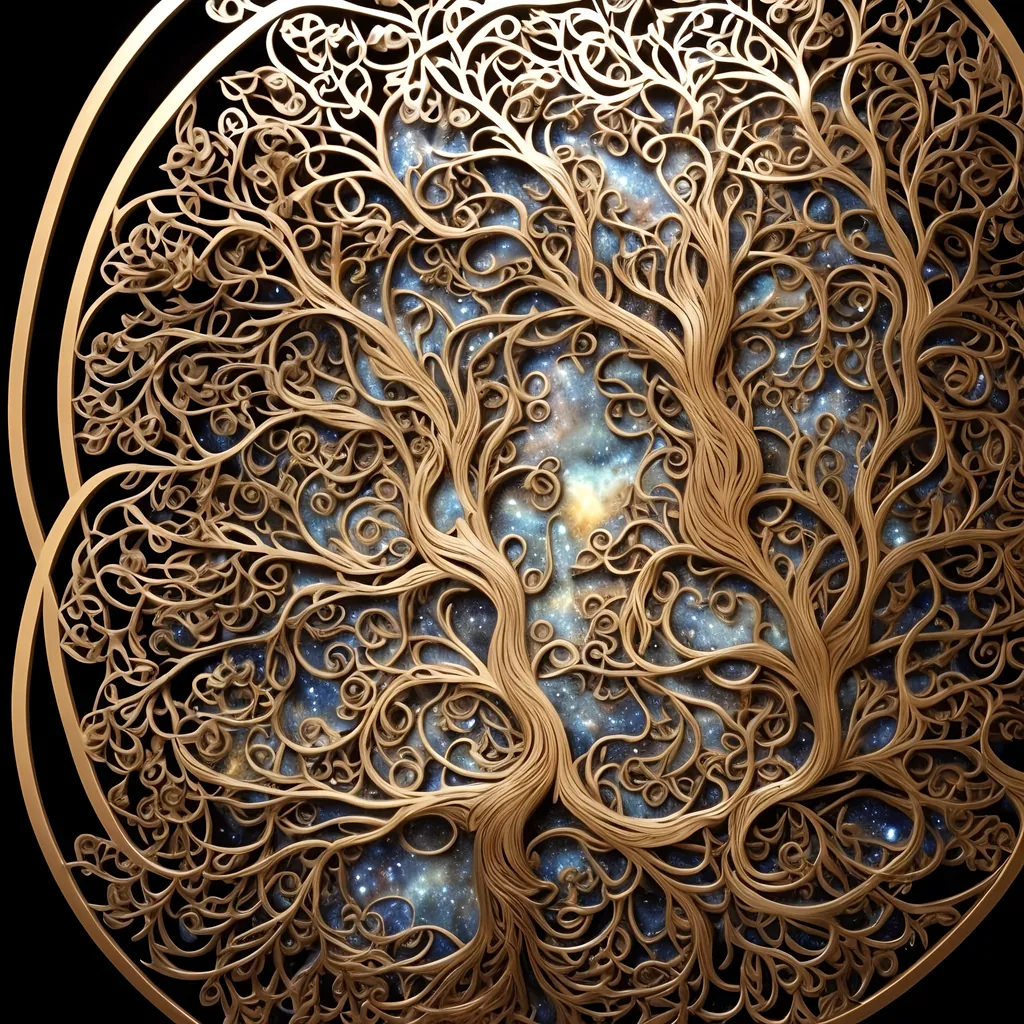 Prompt: Sculpture of a Cosmic tree of life, an ultrafine detailed painting, inspired by Vladimir Kush, trending on polycount, ecological art, intricate golden filigree, highly detailed symmetry, layered paper art, photorealistic 