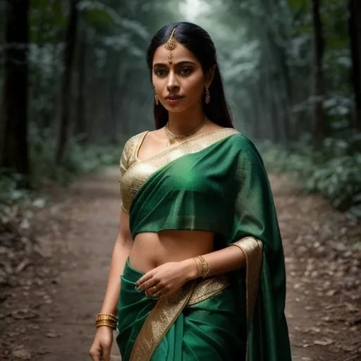 Prompt: Please produce a  picture of a young light skinned Bangladeshi female, village woman in beautiful green forest swamp, draped in dark green saree, with gold embroidery intricate details, body shape 36 24 36, pretty eyes, heart shape lips, cute facial expressions, intricate design and details body parts, ultra-detailed, highest detail quality, ultra-realistic, photography lighting, full length body shot,  photorealistic, cinematic, movie quality rendering, octane rendering, focused, emotional, epic dramatic lighting, 32k UHD resolution --ar 9:16 --quality 2  --s 750 --v 5.1