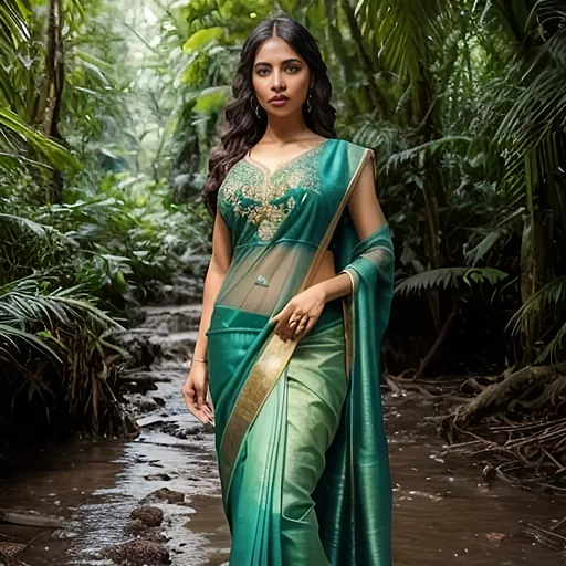 Prompt: Please produce a  picture of a young light skinned Bangladeshi female, village woman in beautiful green forest swamp blue sky sun peeking through, draped in full length dark green saree, with gold embroidery intricate details, body shape 36 24 36, pretty eyes, heart shape lips, cute facial expressions, intricate design and details body parts, ultra-detailed, highest detail quality, ultra-realistic, photography lighting, full length body shot,  photorealistic, cinematic, movie quality rendering, octane rendering, focused, emotional, epic dramatic lighting, 32k UHD resolution --ar 9:16 --quality 2  --s 750 --v 5.1