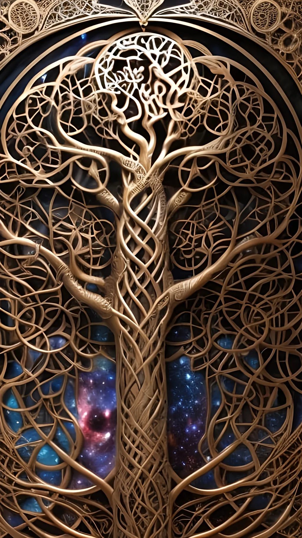 Prompt: Sculpture of a Cosmic tree of life, an ultrafine detailed painting, inspired by Vladimir Kush, trending on polycount, ecological art, intricate golden filigree, highly detailed symmetry, layered paper art, photorealistic 