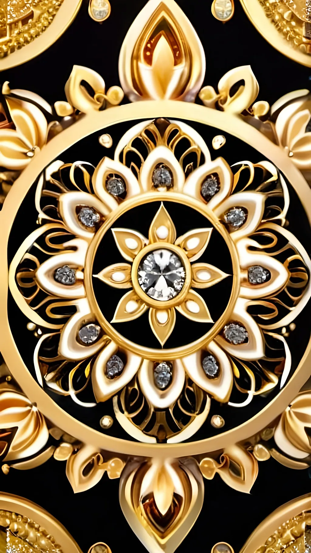 Prompt: Mandala of gold and diamonds, intricate geometric patterns, luxurious materials, high quality, detailed, intricate, opulent, radiant gold, sparkling diamonds, rich color tones, radiant lighting, detailed craftsmanship, luxurious, ornate design, regal elegance, perfect symmetry 