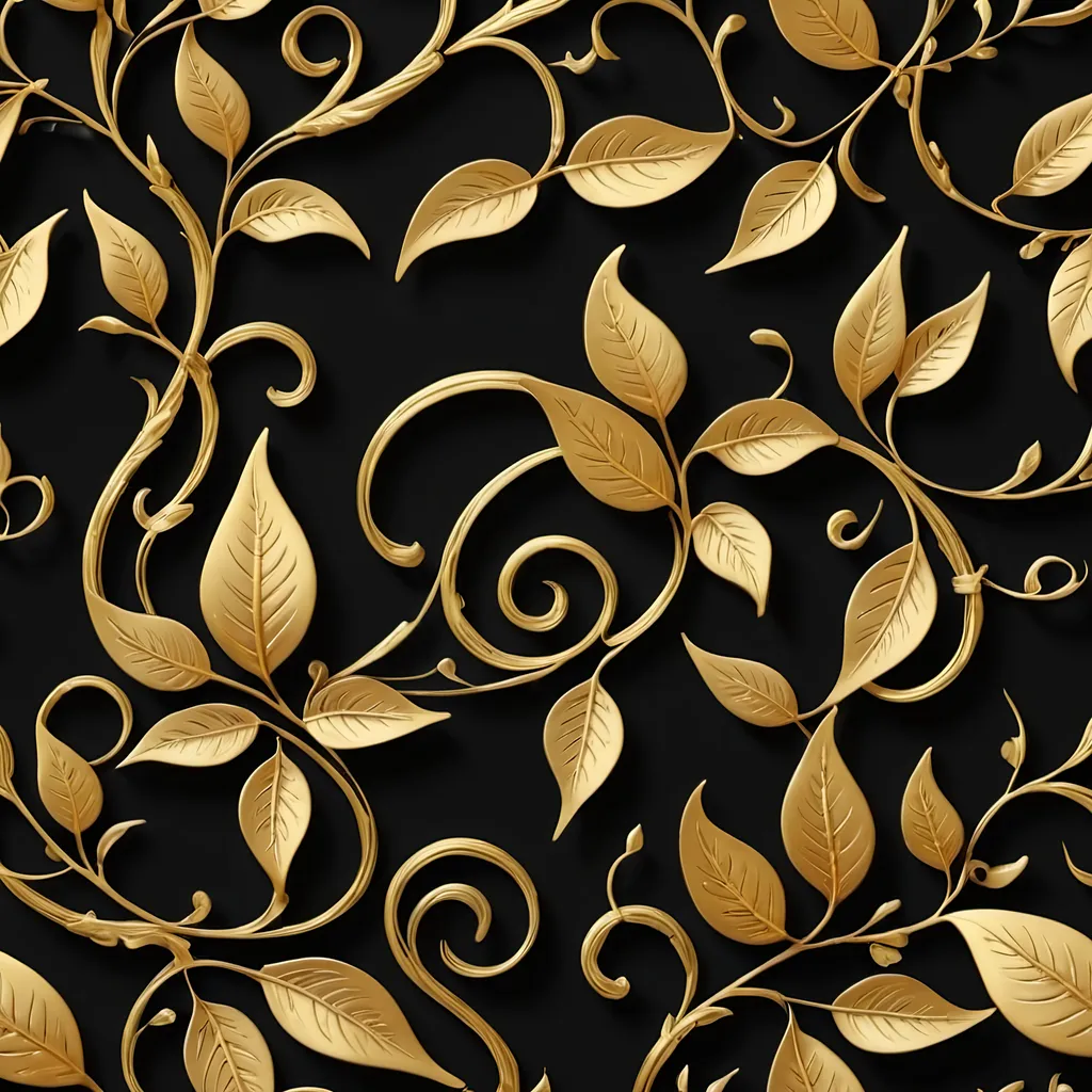 Prompt: A golden Calligraphy pattern, including vines and leaves on a black background. UHD, 9:16 Aspect ratio, realistic, photorealistic, symmetrical 