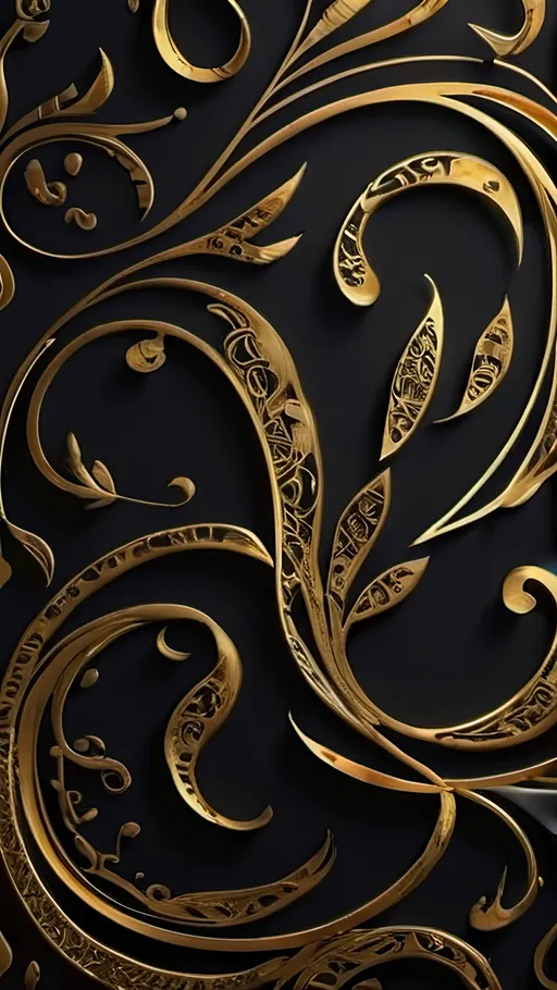 Prompt: A golden Calligraphy pattern on a black background. UHD, 9:16 Aspect ratio, realistic, photorealistic, 