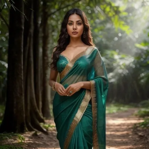 Prompt: Please produce a  picture of a young light skinned Bangladeshi female, village woman in beautiful green forest swamp blue sky sun peeking through, draped in full length dark green saree, with gold embroidery intricate details, body shape 36 24 36, pretty eyes, heart shape lips, cute facial expressions, intricate design and details body parts, ultra-detailed, highest detail quality, ultra-realistic, photography lighting, full length body shot,  photorealistic, cinematic, movie quality rendering, octane rendering, focused, emotional, epic dramatic lighting, 32k UHD resolution --ar 9:16 --quality 2  --s 750 --v 5.1