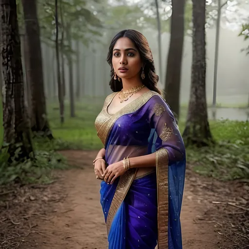 Prompt: Please produce a  picture of a beautiful young light skinned Bangladeshi female, village woman in deep purple Saree with intricate gold embroidery detailing in beautiful green forest swamp blue sky sun peeking through,  stunning body shape 36 24 36, pretty eyes, heart shape lips, cute facial expressions, intricate design and details body parts, ultra-detailed, highest detail quality, ultra-realistic, photography lighting, full length body shot,  photorealistic, cinematic, movie quality rendering, octane rendering, focused, emotional, epic dramatic lighting, 32k UHD resolution --ar 9:16 --quality 2  --s 750 --v 5.1