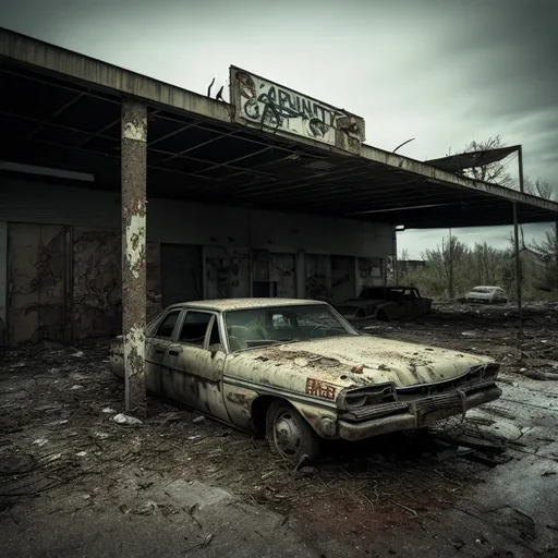 Prompt: A very detailed photo of a post apocalyptic, dirty, abandoned garage