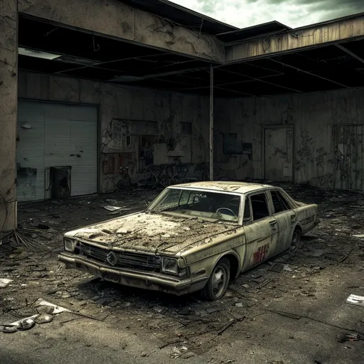 Prompt: A very detailed photo of a post apocalyptic, dirty, abandoned garage