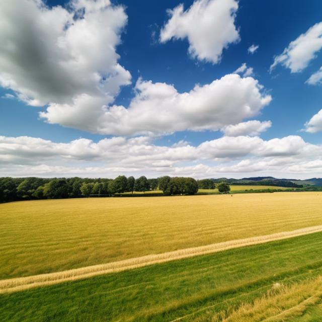 Prompt: A large field with a fence around it. Most of the field is waiting to be planted. The field has a row of magnificent oak trees at one end. The field is surrounded by hills in the summer. A few clouds in the sky.
