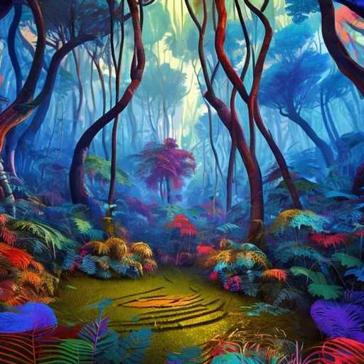 Prompt: Animated forest scene, vibrant and surreal colors, abstract art style, lush foliage, surreal atmosphere, dreamy surrealism, high quality, detailed textures, abstract animation style, vibrant colors, surreal lighting, unique and imaginative