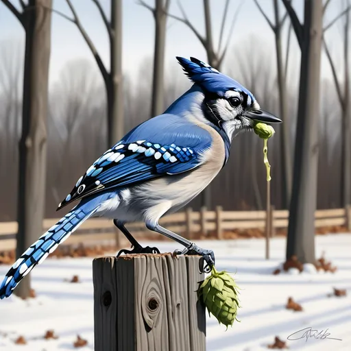 Prompt: a blue jay is perched on a fence post eating a Hops in a wooded area with bare branches in the background, Chippy, photorealism, animal photography,
skech

 