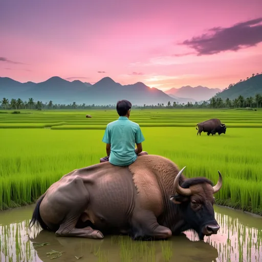 Prompt: "A man sitting on the back of a buffalo in a peaceful field with mountains in the background, under a pink sunset sky. The surrounding landscape includes lush green rice fields, creating a calm and serene atmosphere."