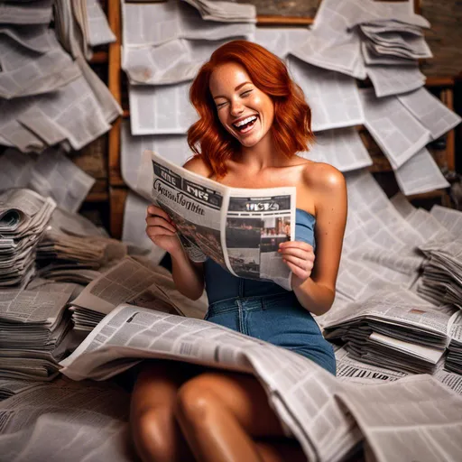 Prompt: High Dynamic Range (HDR) capture at 8K resolution, intricately detailed portrait of a laughing, redheaded model with freckles and pronounced feminine features. The photorealistic image showcases the model's amazing physique, set against a sophisticated photo studio background in sharp focus with a shallow depth of field.<mymodel>
She is sitting on the toielet and read news paper