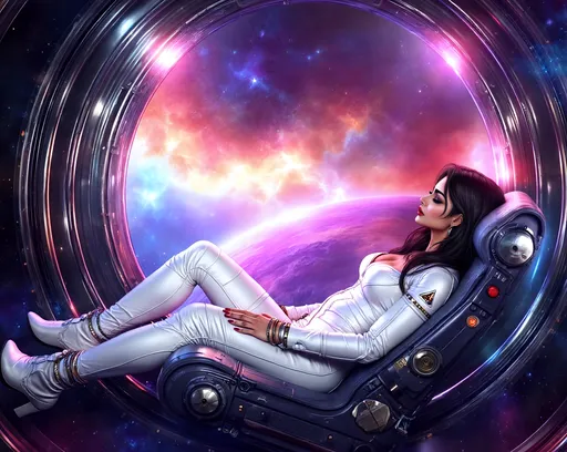 Prompt:  @hqBMjzfihiD9p8sf8Om2  a side profile view of the indian princess wearing a sci fi  futuristic white suit with no helmet, sitting in a small sci fi spaceship capsule with  window revealing a magnificent colorfull nebulas fantasy space landscape, vibrant colors, glalactic neon colors,ultra realistic render.