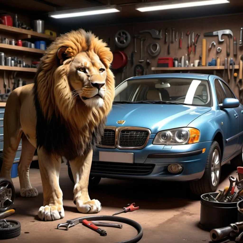 Prompt: (a lion) skillfully repairing a car, dynamic pose, realistic fur texture, intense focus in its eyes, surrounded by typical garage tools and equipment, the bright metallic sheen of the car, warm ambient lighting, inviting atmosphere, set in a cozy auto repair shop, ultra-detailed, high quality.