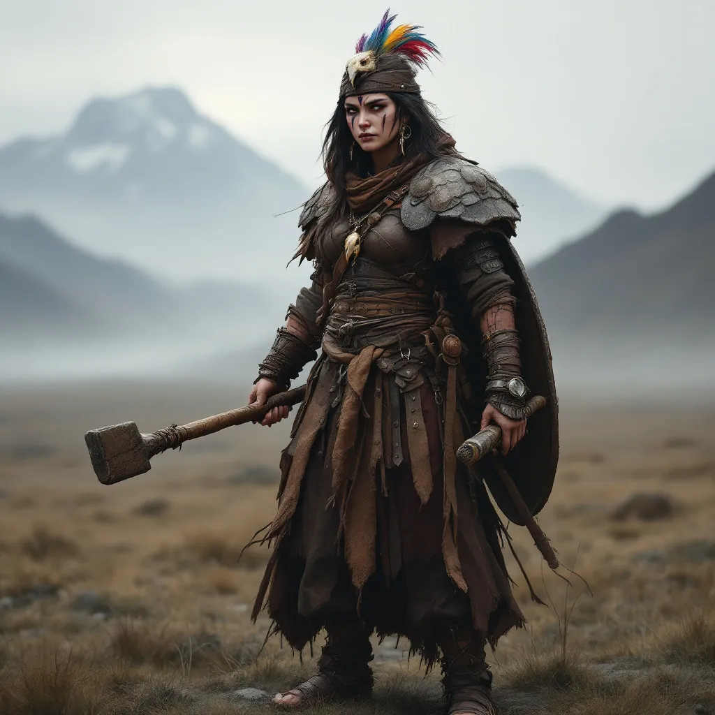 Prompt: Full figure of a savage female middle-aged tough warrior of the mountains. She has oriental face traits, with warpaint on her face; she has colored feathers on her leather cap. A bird skull dangles forward, strapped to her forehead. She wears leather armor fully covering he chest and shoulders, She carries a small stone mace tied to her belt and a small wooden shield strapped to her shoulders. She wears leather sandals. She stands in a steppe with mountains appearing at the horizon in the fog.  Realistic digital art
