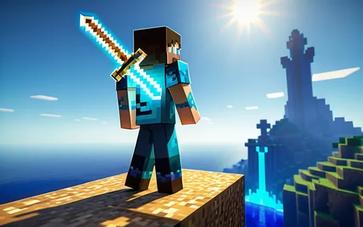 Prompt: (Minecraft character), viewed from the back, standing heroically, (a blue sword) glowing with mysterious energy, awe-inspiring landscape in the foreground, vibrant colors illuminating the world, cinematic atmosphere, dramatic lighting highlighting the character and sword, expansive horizon showcasing a magical realm filled with adventure, perfect for capturing the spirit of exploration, (ultra-detailed), ideal for fans of fantasy gaming.