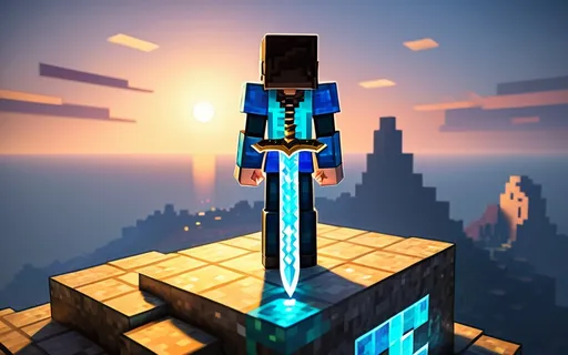 Prompt: (Minecraft character), viewed from the back, standing heroically, (a blue sword) glowing with mysterious energy, awe-inspiring landscape in the foreground, vibrant colors illuminating the world, cinematic atmosphere, dramatic lighting highlighting the character and sword, expansive horizon showcasing a magical realm filled with adventure, perfect for capturing the spirit of exploration, (ultra-detailed), ideal for fans of fantasy gaming.