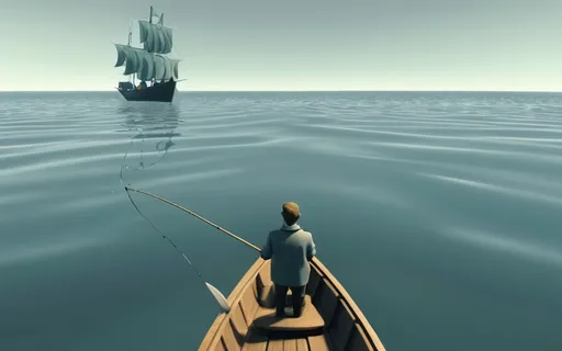 Prompt: a computer generated image of a person in a boat on the water with a fish in the water and a man in a boat on the water, Arent Arentsz, sots art, ocean, a screenshot