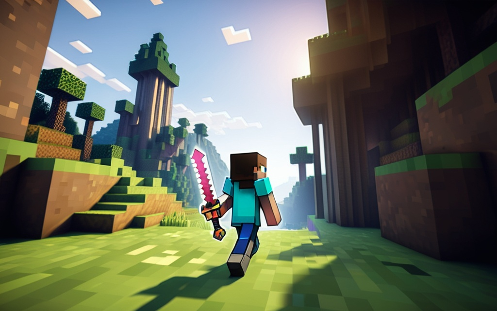 Prompt: Minecraft character looking back in the landscape with a sword with a mysterious energy