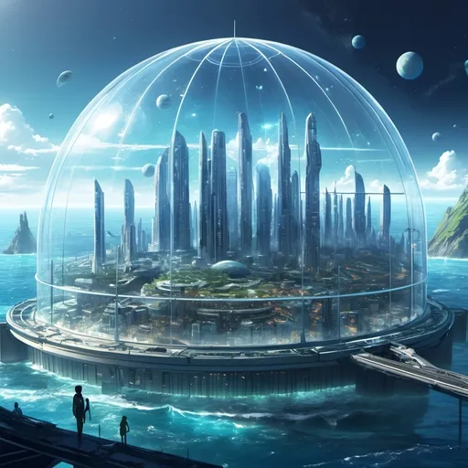 Prompt: Anime artstyle, futuristic, cinematic, high tech human science fiction city on an ocean planet, enormous Glas dome, very detailed 