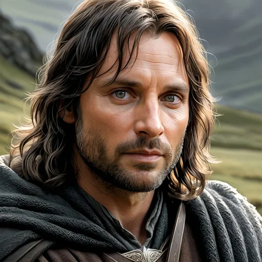 Prompt: An illustration of aragorn from the lord of the rings books, dark, tall, with "a shaggy head of dark hair flecked with grey, and in a pale stern face a pair of keen grey eyes, hcr, uhd, cinematic, drawn picture 