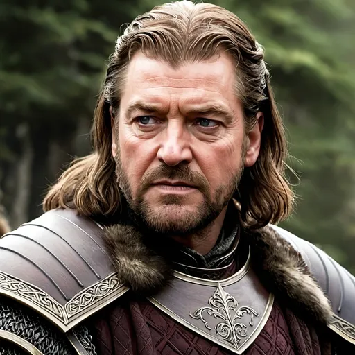 Prompt: an illustration of Eddard stark from game of thrones as described in the books, Eddard has a long face and long brown hair. His closely-trimmed beard is beginning to grey, making him look older than his thirty-five years. His dark grey eyes reflect his moods, turning soft as fog or hard as stone. Eddard is shorter and less handsome than his older brother Brandon had been, according to Catelyn Stark; however, she also states that Ned has a "good sweet heart beneath his solemn face". He keeps faith with the old gods. He is fiercely protective of his wife and children, whom he loves deeply.
Eddard is known for his unwavering sense of honor and justice and his family finds him kind, although some consider his reserved personality a sign of coldness and disdain. Among his enemies, Eddard has the reputation of having cold, judgmental eyes thought to reflect his frozen heart, hcr, uhd, very detailed