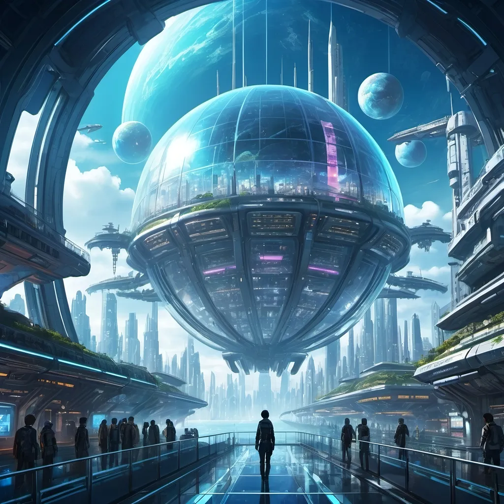 Prompt: Anime artstyle, futuristic, cinematic, high tech human science fiction city on an ocean planet, cyberpunk, enormous Glas dome, very detailed 