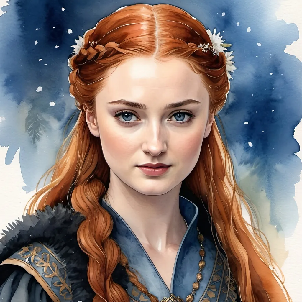 Prompt: an aquarelle illustration of Sansa Stark as he is described in the song of ice and fire books, "Sansa is traditionally beautiful, taking after her mother's family (House Tully) with her high cheekbones,[10] deep blue eyes,[11] and thick soft auburn hair, which is lighter than her mother's.[12] She is eleven years old at the start of A Song of Ice and Fire.[13] As she has grown up, her figure has been described as tall,[14] graceful,[15] and womanly.[16] Sansa is described as soft-spoken and sweet-smelling.[17] Raised as a lady, Sansa possesses the traditional feminine graces of her milieu, with a keen interest in music, poetry, singing, dancing, embroidery, and other traditional feminine activities. Like many girls her age, Sansa is enthralled by songs and stories of romance[18] and adventure, particularly those depicting handsome princes, honorable knights, chivalry, and love.[10] She keeps faith with both the old gods and the Seven.", hcr, uhd, very detailed, cinematic