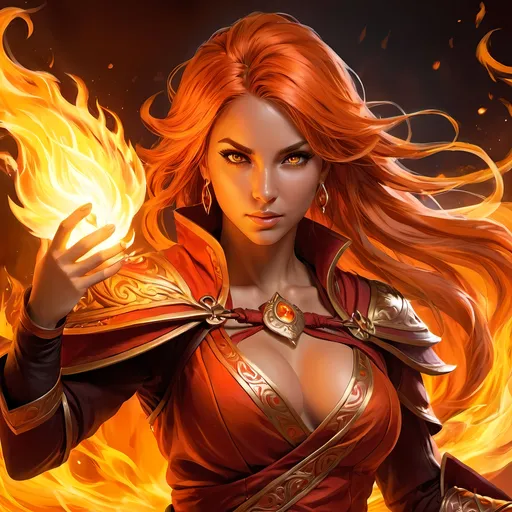 Prompt: Detailed female fire mage concept art, detailed hair, detailed skin, masterpiece, drawing, painting, powerful, dramatic lighting, high quality, detailed eyes, intense gaze, fiery atmosphere, fantasy, magical, vibrant colors, dynamic posing, fantasy art, professional, artistry, detailed flames, fierce expression