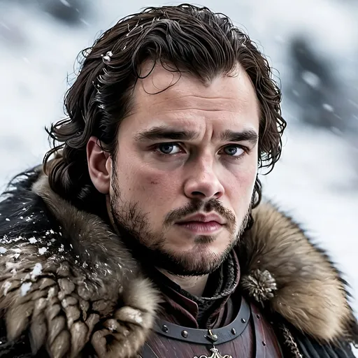 Prompt: an illustration of John Snow from game of thrones as described in the books, Jon has the long face of the Starks. He has dark brown hair and grey eyes, so dark they almost seem black. He is graceful and quick, and has a lean build. Jon resembles his father, Lord Eddard Stark, and has more Stark-like features than any of his half-brothers. Because he looks so much like a Stark, Tyrion Lannister notes that whoever Jon's mother was, she left little of herself in her son's appearance. Jon looks solemn and guarded, and is considered sullen and quick to sense a slight, hcr, uhd, very detailed